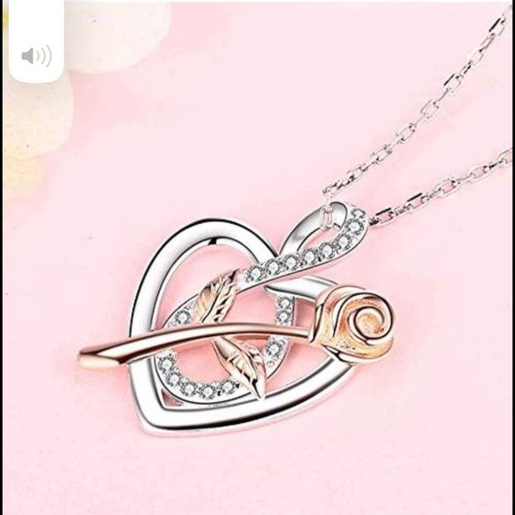 Rose Flower Heart Necklace - 925 Sterling Silver & Cubic Zirconia - Picture 3 of 6